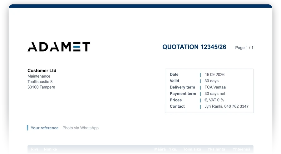Quote 12345/26 on Adamet's quote template: date, validity, delivery term FCA Vantaa and payment term net 30 days