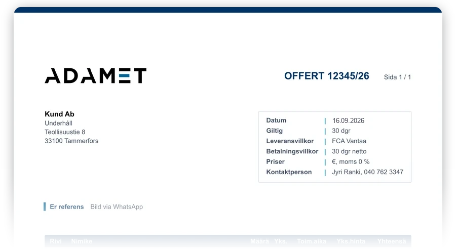 Offert 12345/26 på Adamets offertmall: datum 04.10.2026, giltighetstid, leveransvillkor FCA Vanda och betalningsvillkor 30 dagar netto